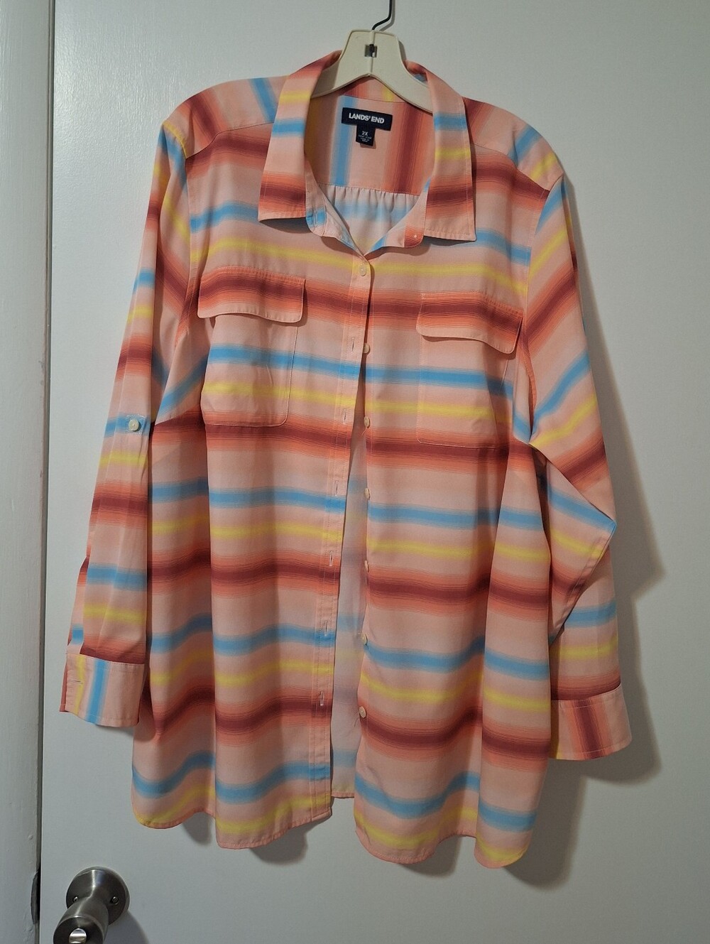 Land's End Button Down Front Pocket Lightweight Striped Blouse Size 2X